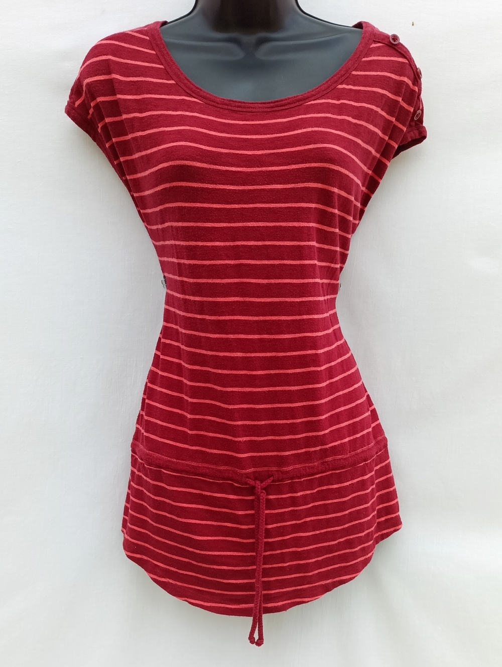 Women's Casual Red -Orange Striped Drawstring Tunic Top With Bold Back Graphics